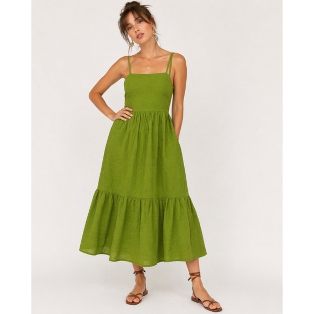 Dizzy Lizzy Petite Green Seersucker Tiered Midi Dress Smocked Back Size M NWOT